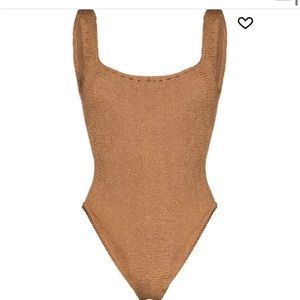 Hunza Z classic square neck crinkle effect swimsuit brown tan. One size fit all